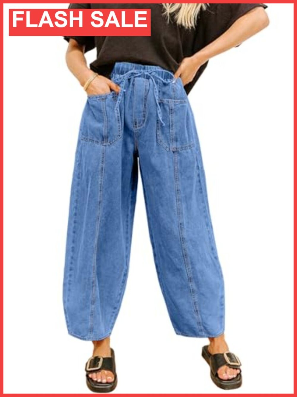 Womens Barrel Jeans High Rise Drawstring Elastic Waist Ankle Denim Pants